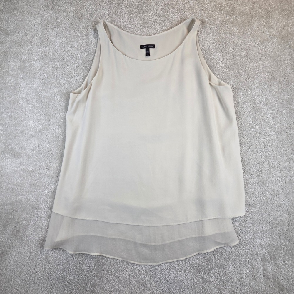 Eileen Fisher Women L Silk Tank Top Bone Beige Layered Chiffon Hem Scoop Neck